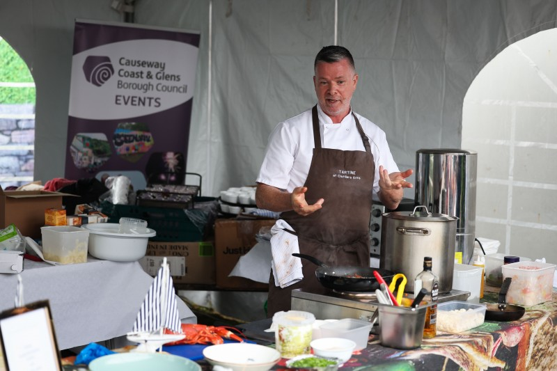 Gary Stewart, owner of Bushmills restaurant Tartine, delighted visitors with his cookery demonstration at Bushmills Salmon and Whiskey Festival.