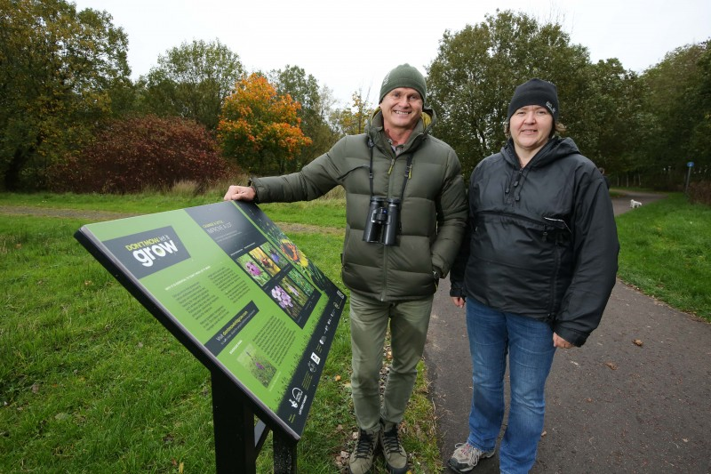 Blue Planet cameraman and BBC presenter, Simon King OBE pictured with Rachel Bain, Don’t Mow Let it Grow Project Manager at Riverside Park in Ballymoney.