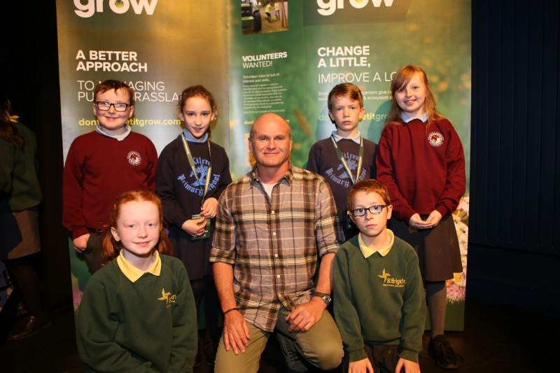 Blue Planet cameraman and BBC presenter, Simon King OBE pictured with local school children at the Don’t Mow Let it Grow event in Flowerfield Arts Centre in Portstewart.