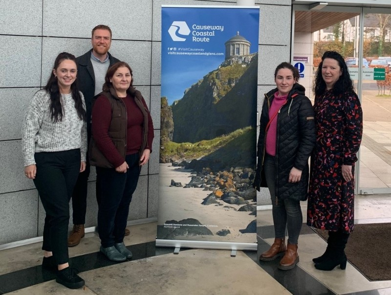 (L-R) Holly Barrie, Customer Onboarding Executive TXGB; Kevin Forde, Social and Digital Marketing Officer at Tourism NI; Monica McLaughlin and Leanne Kerlin, The Manor Guest Accommodation Dungiven; and Siobhan McKenna, Trade Engagement Officer pictured at the information session in Cloonavin.