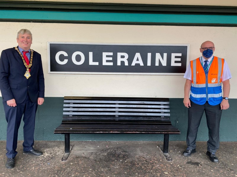 The Mayor of Causeway Coast and Glens Borough Council Councillor Richard Holmes pictured at Translink Bus and Rail Centre in Coleraine with Station Inspector David Simpson.