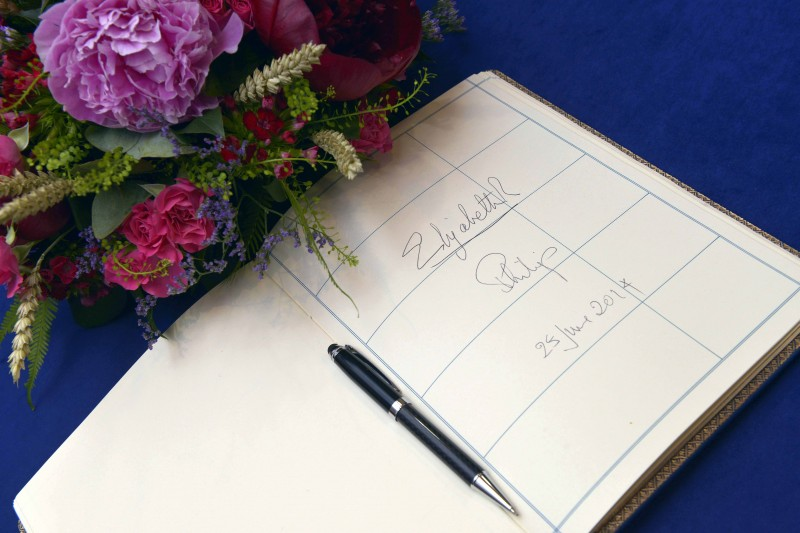 2014, Signatures left by The Queen and Prince Philip on the visitor book at Coleraine Town Hall, dated June 25th 2014.