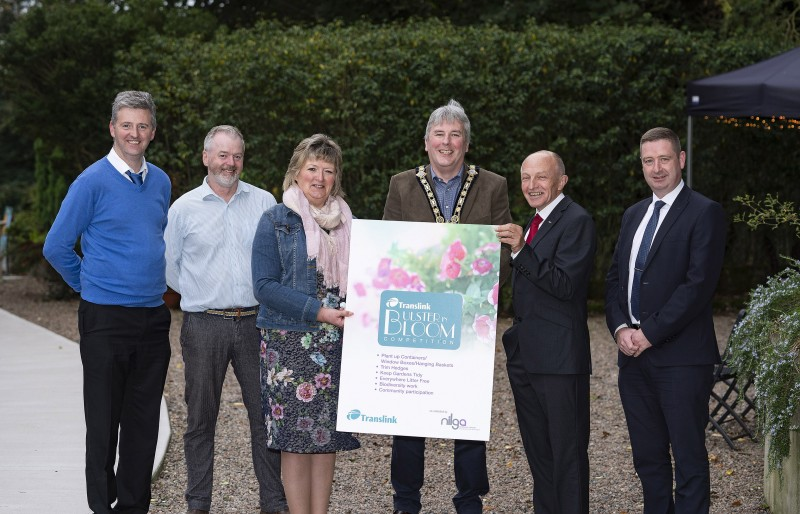 Pictured left – right at the Translink Ulster in Bloom awards presentation are Noel Davoren and Stephen Procter, (Causeway Coast and Glens Borough Council), Councillor Frances Burton (NILGA), the Mayor of Causeway Coast and Glens Borough Council, Councillor Richard Holmes, Dr Michael Wardlow (Translink Chairman) and Declan McGinley (Translink). Coleraine came 3rd in the Larger Town/Small City category.