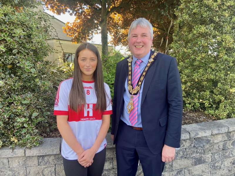The Mayor of Causeway Coast and Glens Borough Council Councillor Richard Holmes pictured with Branagh Brolly, captain of the All-Ireland winning Derry Under-14 ladies football team at a special reception held in Limavady.