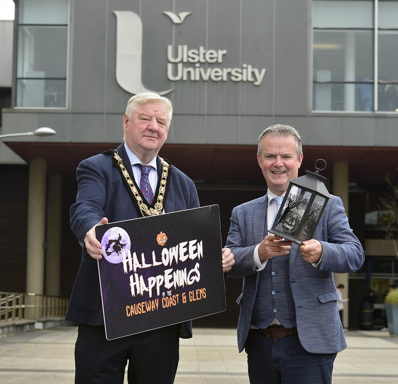 Mayor of Causeway Coast and Glens, Councillor Steven Callaghan and Professor Malachy O’Neill, Director of Regional Engagement, Ulster University are delighted to announce that the Ulster University Coleraine campus will host Halloween Happenings for the first time ever this year.