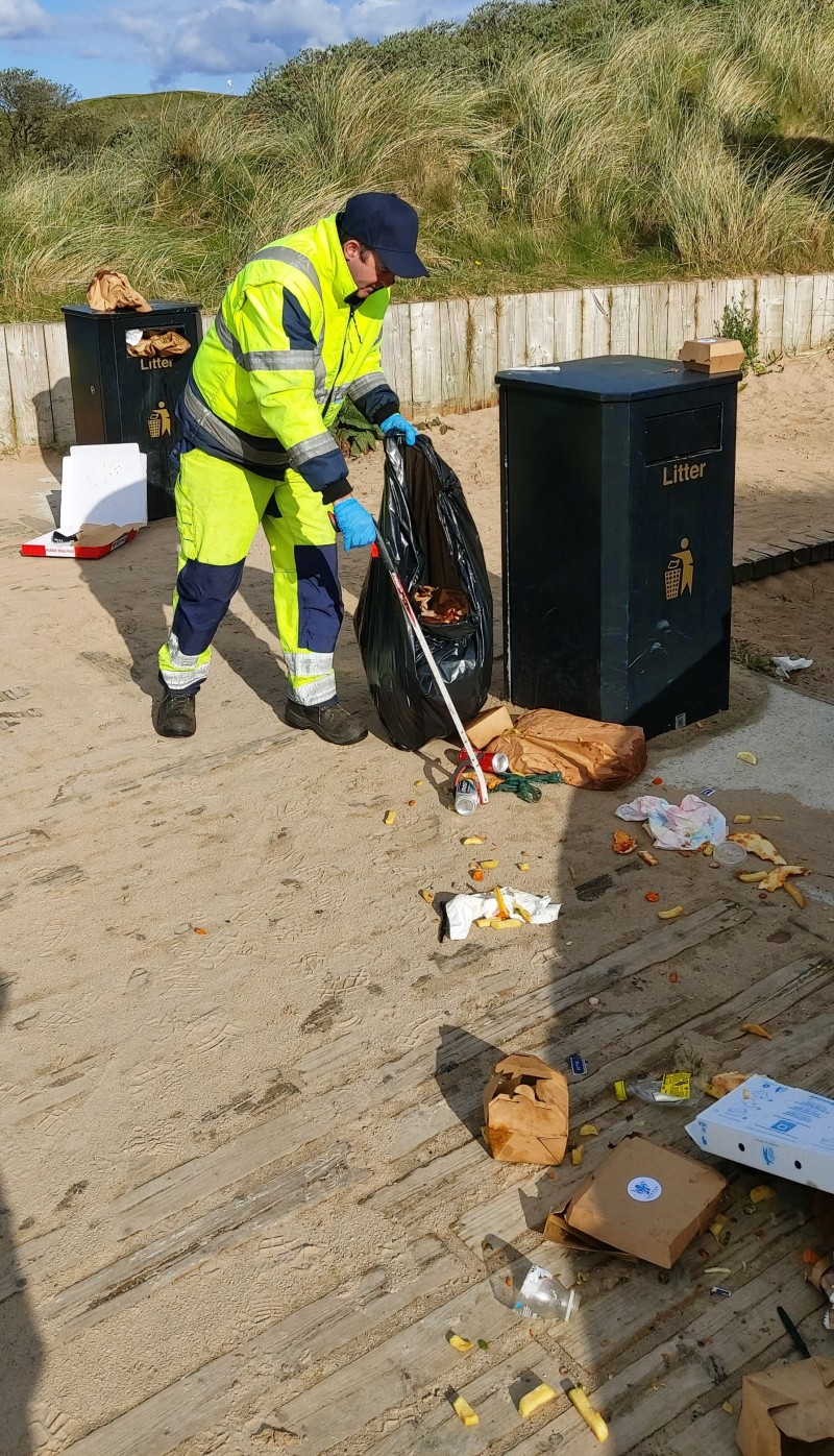 A recent scene of extensive discarded litter faced by Council’s cleansing staff at Whiterocks beach, Portrush
