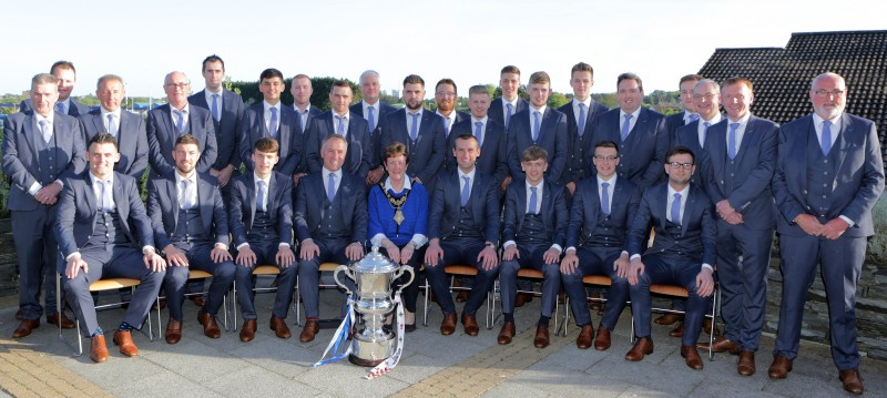 Coleraine players and officials pictured with the Mayor of Causeway Coast and Glens Borough Council Councillor Joan Baird OBE.