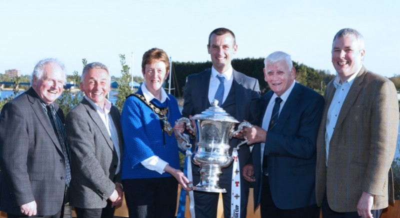Alderman Norman Hillis, Councillor William McCandless, the Mayor of Causeway Coast and Glens Borough Council Councillor Joan Baird OBE, Coleraine FC Manager Oran Kearney, Alderman William King and Councillor Richard Holmes pictured at the civic reception.