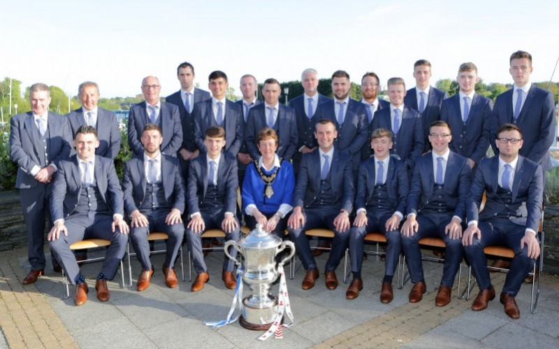 Coleraine players pictured with the Mayor of Causeway Coast and Glens Borough Council Councillor Joan Baird OBE.