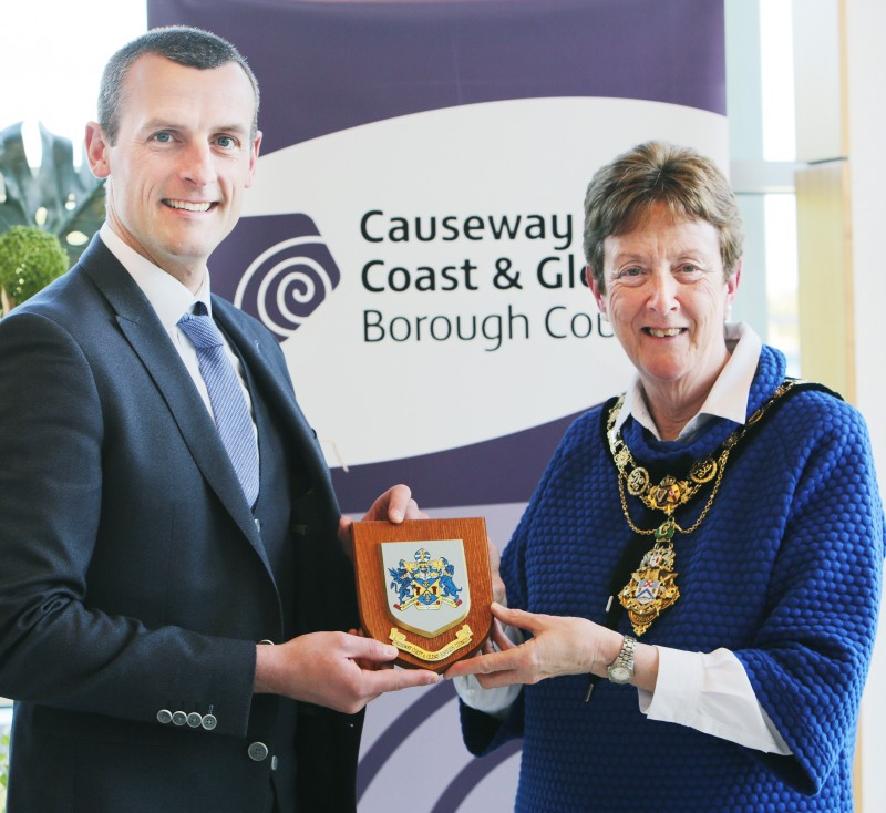 The Mayor of Causeway Coast and Glens Borough Council Councillor Joan Baird OBE present a Coat of Arms to Coleraine FC Manager Oran Kearney.