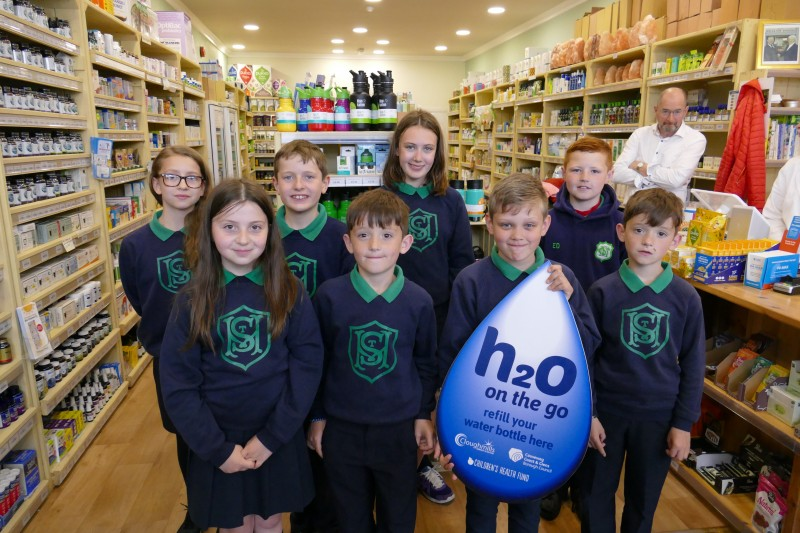 Pupils from St Malachys Primary School in Coleraine pictured as they promote the ‘‘H20 on the go’ scheme in The Real Health Store, Coleraine.
