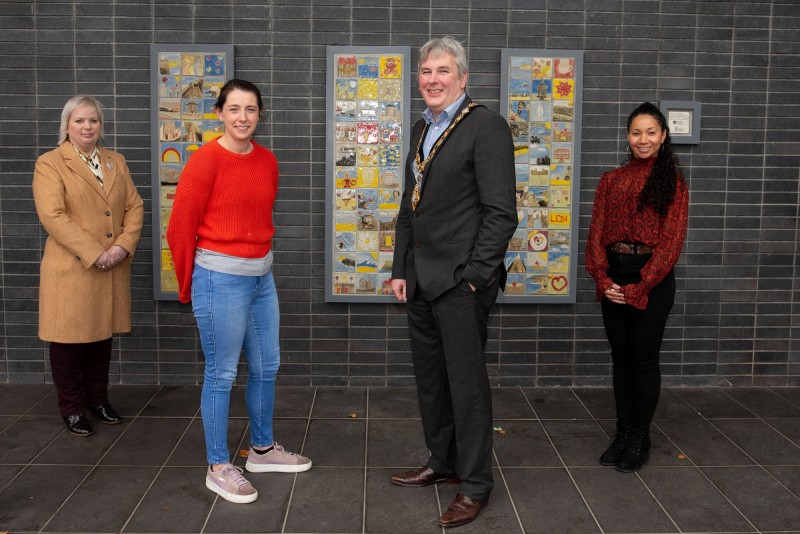 Pictured at the unveiling of the ‘ Our Story in the Making’ community artwork at Roe Valley Arts and Cultural Centre is L-R, Alderman Michelle Knight McQuillan, artist, Fiona Shannon, the Mayor of Causeway Coast and Glens Borough Council, Richard Holmes, and Arts and Cultural Facilities Officer Esther Alleyne.