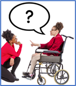 A person in a wheelchair and a person in a red sweater chatting