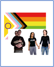 A group of people standing together in front of an LGBTQIA+ flag