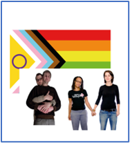 A group of people standing together in front of an LGBTQIA+ flag