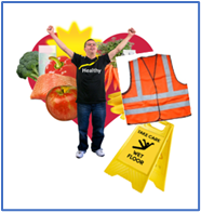 A person wearing a t-shirt that says healthy along with safety items