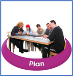 A group of people sitting at a table, circled by the word plan