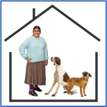 A person standing next to dogs in a house