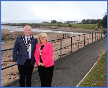 Mayor of Causeway Coast and Glens, Councillor Steven Callaghan and Deputy Mayor, Councillor Margaret-Anne McKillop at the newly upgraded coastal path in Cushendall