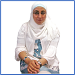 A person wearing a white head scarf and glasses