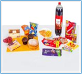 A picture of unhealth snacks - fizzy drink, crisps, sweets and buns