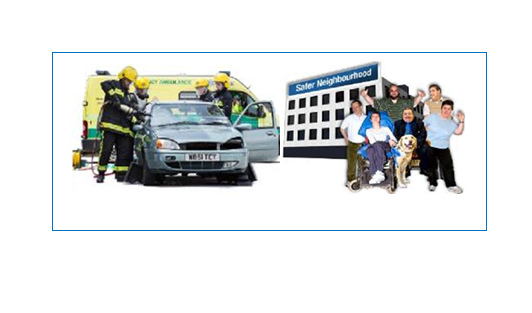 a picture of an ambulance, fire fighters a hospital and a group of happy people
