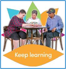 a group of people sitting at a table above a sign which says keep learning