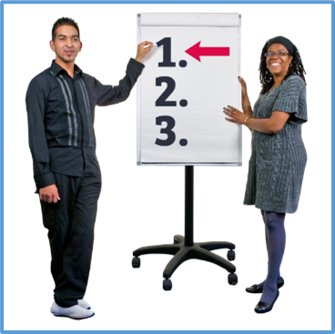 Two people standing next to a white board with a number of actions listed on the board